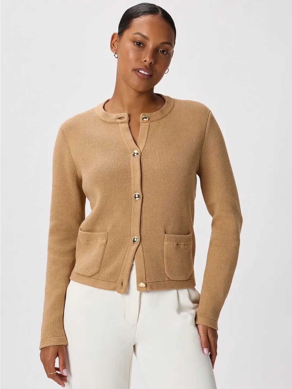 Quince Camel Button-Front Knit Cardigan